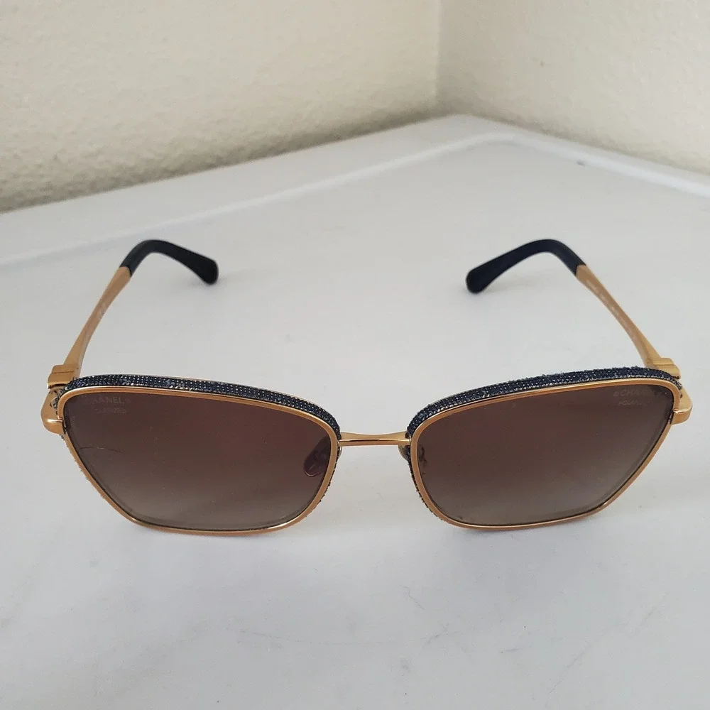 Chanel 4222 Gold Navy Denim Polarized Square Sunglasses Women CC Logo Italy